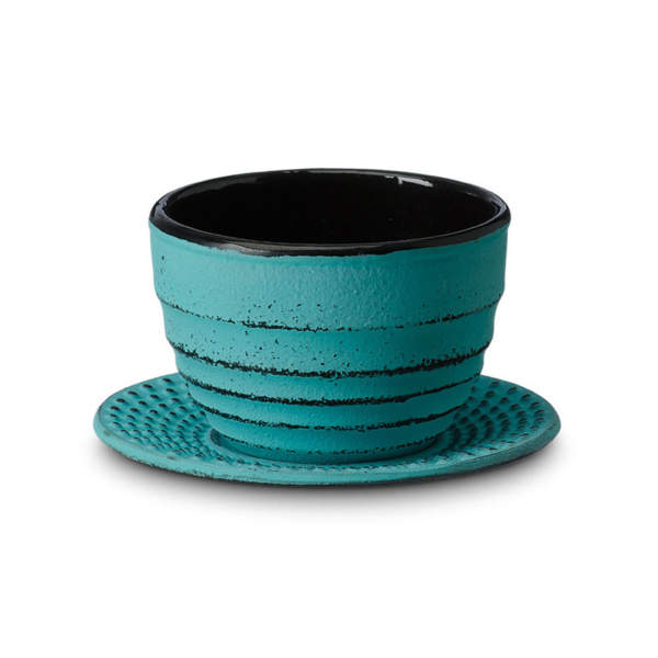 tasse en fonte avec coupelle turquoise