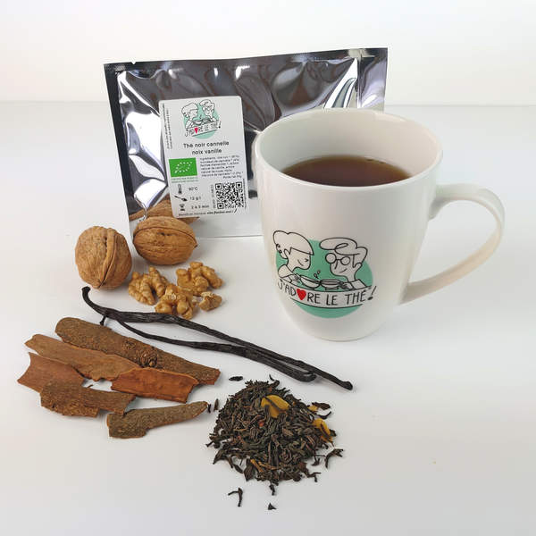 Thé noir cannelle noix vanille avec le mug J'adore le thé !