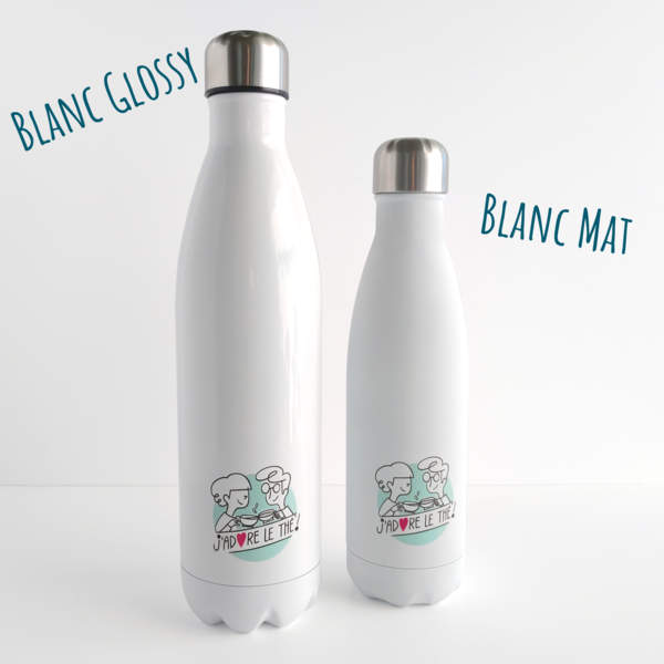 Bouteille isotherme J'adore le thé ! blanc mat ou blanc glossy